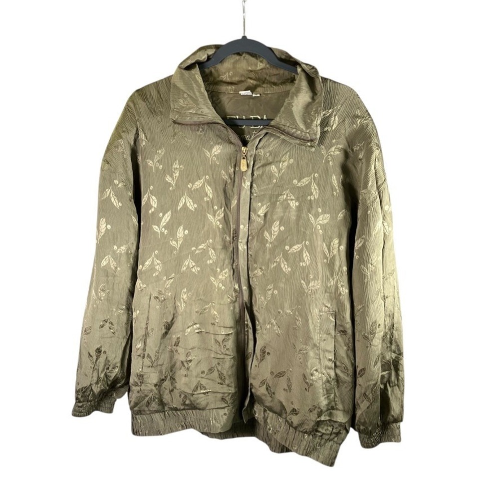 FU DA International Womens Bomber Jacket 2X Olive Green Silk‎ Floral Full Zip